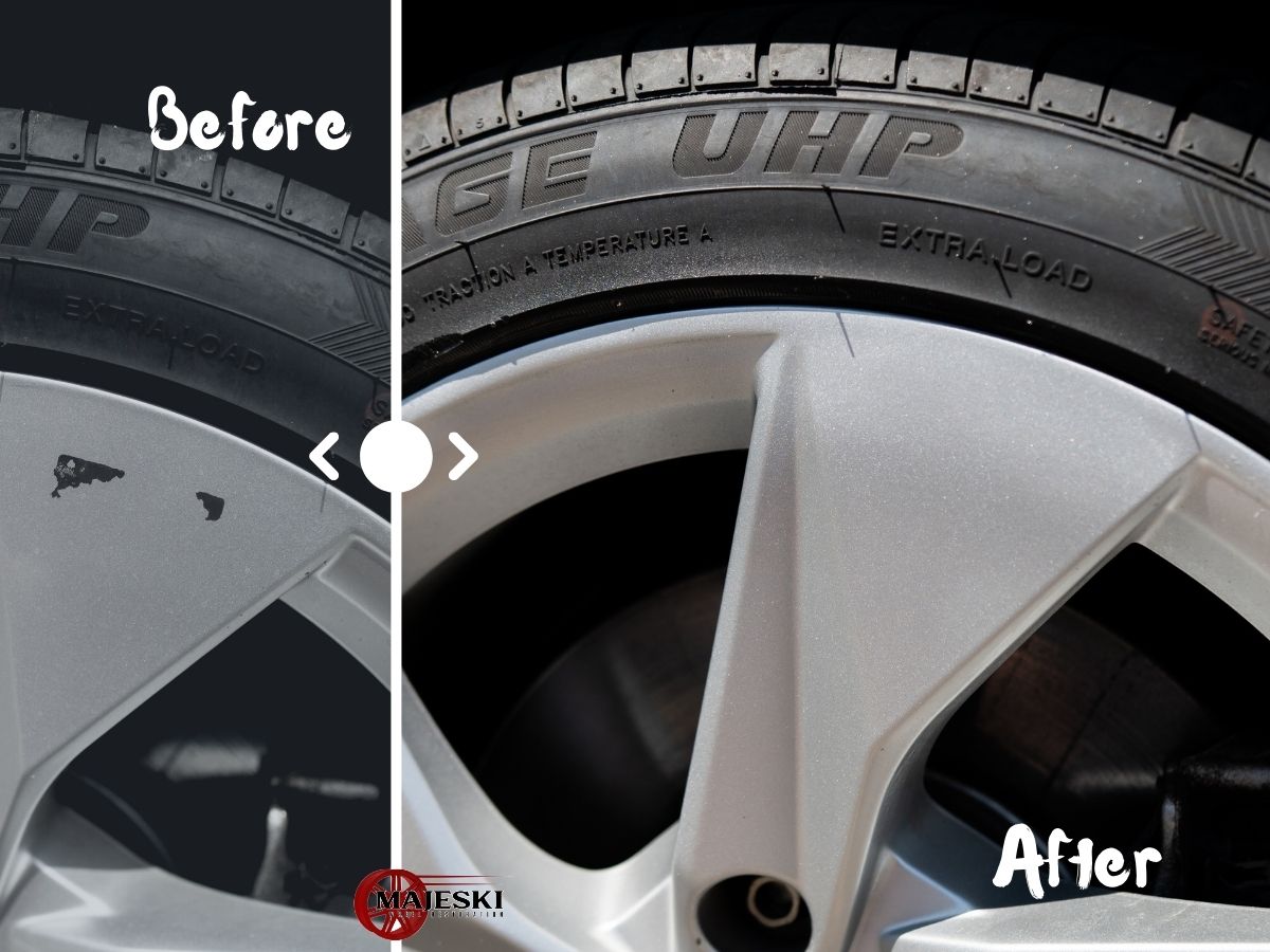 before and after picture of alloy rims from an Audi. Before shows deep set in scratches, and after shows full restoration of the silver alloy rim