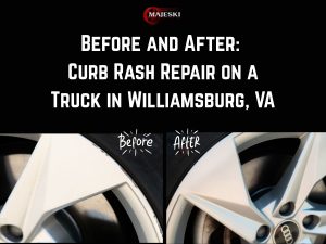 Before and after curb rash repair on an Audi alloy wheel in Williamsburg, VA by Majeski Wheel Restoration
