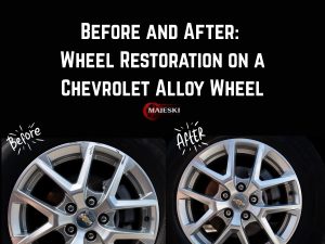 Before and after wheel restoration on a Chevrolet alloy wheel by Majeski Wheel Restoration in Waldorf, MD